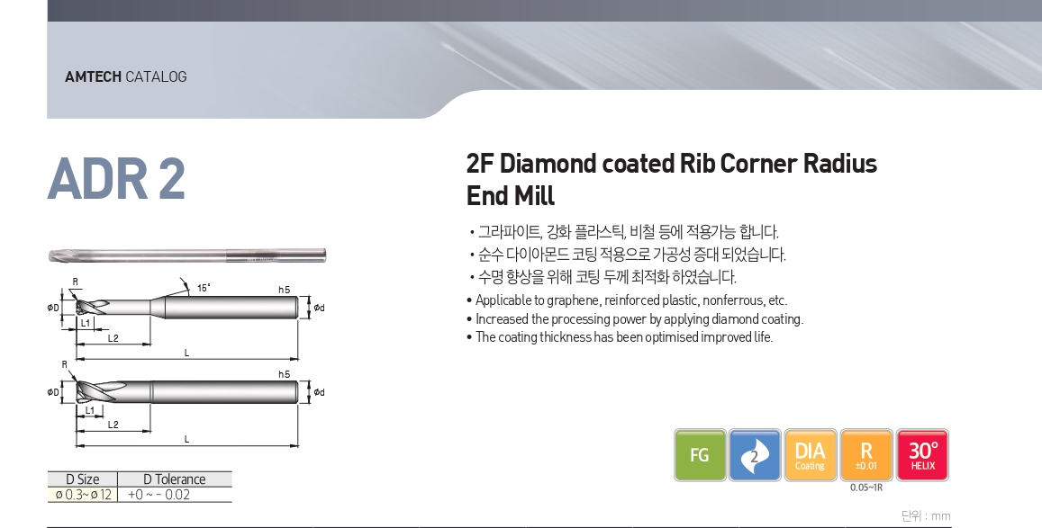 2 flutes Diamond coated rib corner radius endmill