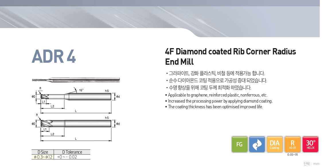 4 flutes Diamond coated rib corner radius endmill