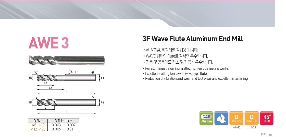 3 flutes aluminum wave flute endmill